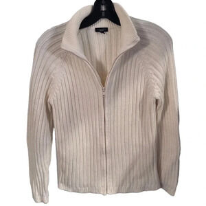 Talbots Women’s  Off White Heavy Ribbed Knit Zip Front Cardigan Sweater, Size M
